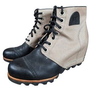 Sorel 1964 PDX Waterproof Hidden Heel Wedge Tan Black Boots Ankle Leather Sz 8.5